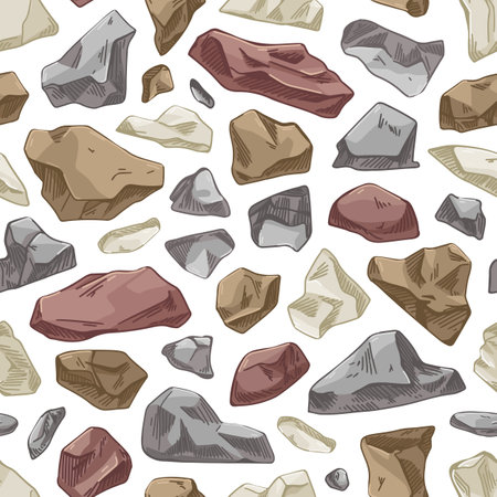 Stone pattern. Seamless rock background with rubbles and cobbles. Masonry texture. Repeating stonewall structure. Endless design with stonework print. Hand-drawn vector illustration for decorationのイラスト素材