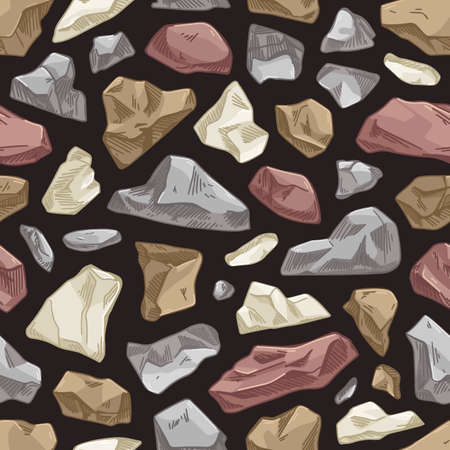 Seamless rock pattern. Endless background design with repeating stone print. Mosaic masonry texture with boulders, rough rubbles and coubles fragments. Hand-drawn vector illustration for decorationのイラスト素材