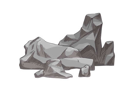 Big heavy rocks. Solid boulders group. Rough rubbles. Realistic drawing of natural material, mountain formation. Detailed hand-drawn vector illustration isolated on white backgroundのイラスト素材