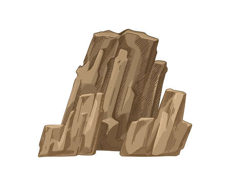 Big mountain rock formation. Igneous basalt stone group of irregular shape. Ancient geological solid rough rocky composition. Realistic hand-drawn vector illustration isolated on white backgroundのイラスト素材