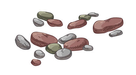 Pebbles, small beach stones. Smooth cobbles group. Different cobblestones composition. Marine rock fragments. Weathered rocky material. Hand-drawn vector illustration isolated on white backgroundのイラスト素材