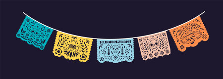 Mexican papel picado laces hanging on string. Mexico festive ornament for Dia de los Muertos means Day of Death and Dead. Banner with Hispanic pecked perforated flags. Colored flat vector illustrationのイラスト素材
