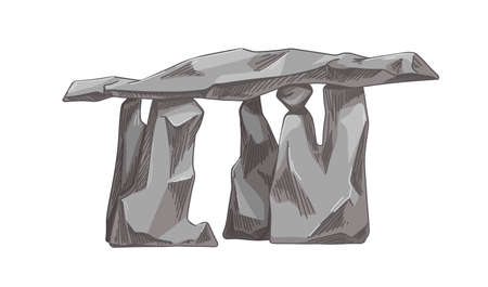 Big rocks construction, ancient dolmen from heavy stone blocks. Large rubbles slabs. Prehistoric megalith. Realistic hand-drawn graphic vector illustration isolated on white backgroundのイラスト素材