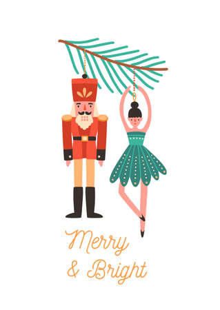 Christmas tree decorations flat vector illustration. Xmas greeting card design element. Holiday postcard concept with calligraphy. Nutcracker and ballerina toys hanging on fir tree branchのイラスト素材