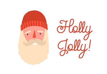 Cute santa claus face flat vector illustration. Winter holiday greeting card, postcard design element. New year symbol and holly jolly calligraphy on white background. Traditional festive sayingのイラスト素材