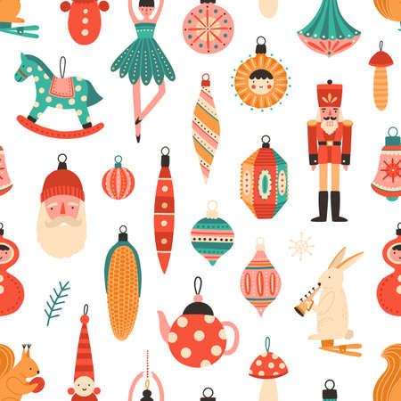 Christmas tree decorations flat vector seamless pattern. Traditional winter holiday cartoon texture. Decorative xmas toys illustration. New year backdrop. Festive wrapping paper, wallpaper designのイラスト素材