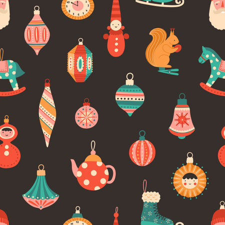 Christmas tree baubles flat vector seamless pattern. Black background with retro New Year decorations, ornaments. Winter holiday creative texture. Xmas vintage wallpaper, wrapping, textile designのイラスト素材