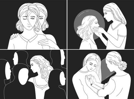Collection of portraits of depressed young women. Concepts of depression, fatigue, mental disorder, psychological problem and psychotherapy. Modern vector illustration in black and white colorsのイラスト素材