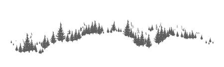 Horizon line with hand drawn silhouettes of coniferous trees growing on hills or mountains. Forest panorama with pines or spruces. Natural monochrome decorative element. Vector illustration.のイラスト素材