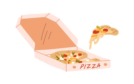 Pizza in cardboard box. Hot Italian fast food and slice with melting cheese. Open carton delivery package with takeaway fastfood pieces. Flat vector illustration isolated on white backgroundのイラスト素材