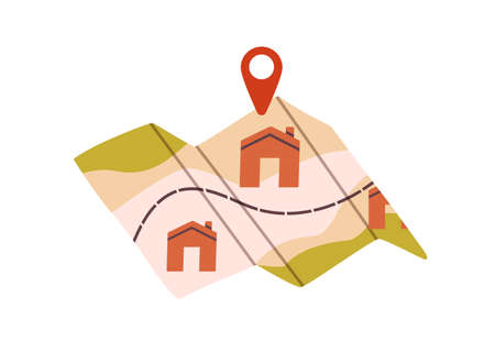 Route and locations marked with pin on paper city map. GPS navigator with pointer on place of destination and path. Navigation concept. Flat vector illustration isolated on white backgroundのイラスト素材