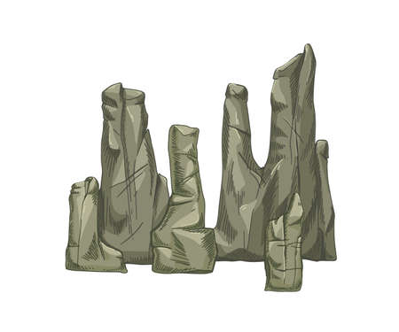 Rock formations. Big solid stone group. Rough rocky composition. Mountain sedimentary fossils. Large sediment boulders. Realistic hand-drawn vector illustration isolated on white backgroundのイラスト素材