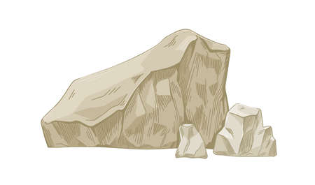 Limestone boulder and pieces. Big solid sedimentary rock formation. Rough camstone. Geology drawing of mountain ore. Realistic hand-drawn vector illustration isolated on white backgroundのイラスト素材