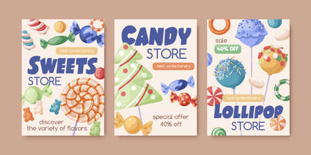 Candy store flyer designs. Sweets shop poster templates. Promo backgrounds with lollipops, sugar bonbons, caramels and confectionery. Advertising cards with confections. Flat vector illustrationsのイラスト素材