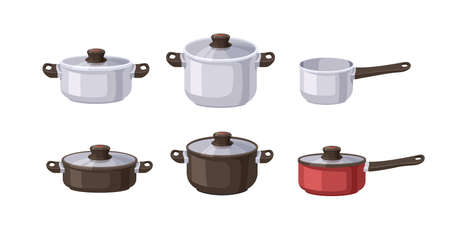 Saucepans, pans, cooking pots, stewpot with lids and handles. Metal utensils. Aluminum, cast iron and stainless steel kitchenware set. Flat vector illustration of kitchen items isolated on whiteのイラスト素材