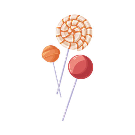 Swirl lollipop and lolly candies on sticks. Sweet spiral lollypop, round roll pops and caramel suckers composition. Twisted and ball confection. Flat vector illustration isolated on white backgroundのイラスト素材