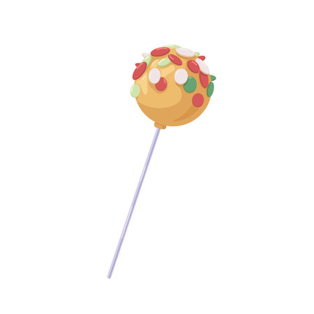 Lollipop candy on stick. Roll pop with colorful sprinkles decor. Round ball-shaped hard lollypop. Sugar sucker. Yummy lolly. Realistic flat vector illustration of dessert isolated on white backgroundのイラスト素材