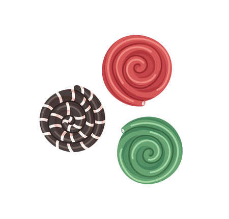 Licorice wheels set. Liquorice and fruit swirl candies. Round twisted sweets. Healthy swirly dessert. Realistic flat vector illustration of gelatin confectionery isolated on white backgroundのイラスト素材