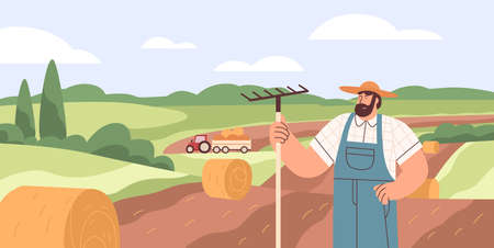 Farmer in agriculture field with dry hay bales. Farm worker and village farmland landscape during harvesting. Flat vector illustration of man peasant with rakes in agricultural plantationのイラスト素材