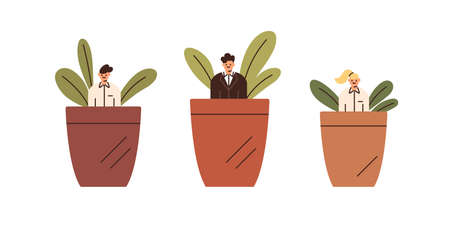 Professional growth and development concept. Employees grow in pots, metaphor for career start and skills developing. Young trainees. Flat vector illustration of interns isolated on white backgroundのイラスト素材