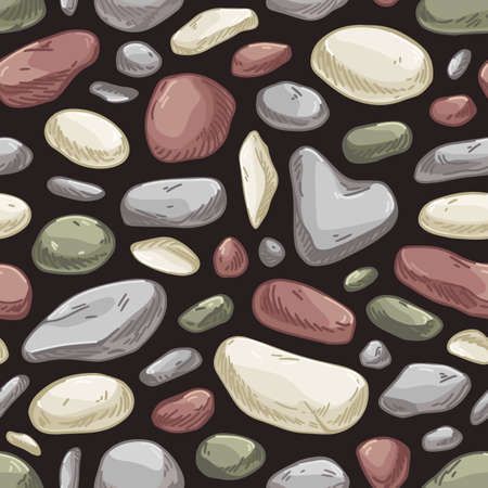 Seamless stone pattern. Endless rock background with repeating cobbles print. Masonry texture with cobblestones and rubbles. Sett wrapping design. Hand-drawn vector illustration for decorationのイラスト素材