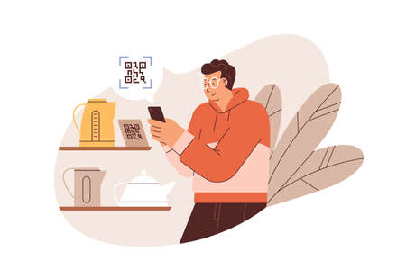 Customer scanning QR with mobile code reader app on smartphone to get information about product. Buyer with phone receiving data from barcode. Flat vector illustration isolated on white backgroundのイラスト素材