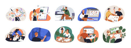 Different designers set. Creative people at laptop computers and desks work with graphic, fashion, interior, landscape, 3d and UI UX designs. Flat vector illustrations isolated on white backgroundのイラスト素材