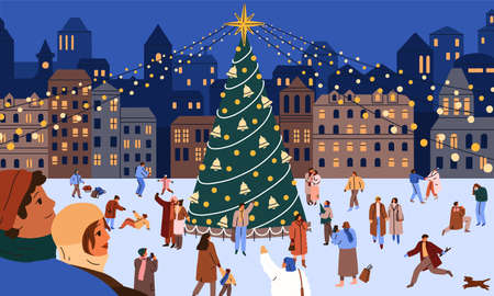Happy people at Christmas night in town. Merry crowd have fun near Xmas tree at European city street on winter holidays. Families, couples and kids at New Year eve. Colored flat vector illustrationのイラスト素材