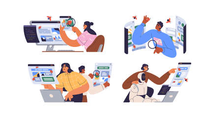 Software testing concept. Apps and programs testers set searching, finding and reporting bugs and errors. Analysis and debugging process. Flat graphic vector illustrations isolated on white backgroundのイラスト素材