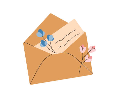 Open craft envelope with handwritten paper letter. Spring mail with flowers. Handmade correspondence. Flat vector illustration of post composition isolated on white backgroundのイラスト素材
