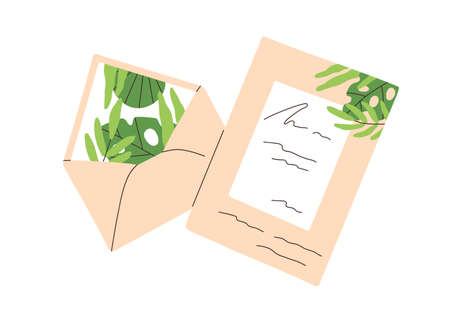 Open envelope and postcard. Greeting post card with handwritten message. Sheet of paper letter. Mail...