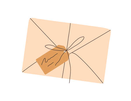Closed envelope with craft carton label tied with string. Paper correspondence with letter. Abstract mail. Flat vector illustration isolated on white backgroundのイラスト素材