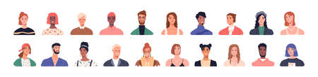 People head portraits set. Diverse men and women faces of different age and race. Happy modern young and old person avatars. Characters bundle. Flat vector illustrations isolated on white backgroundのイラスト素材