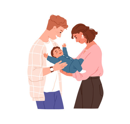 Happy family with newborn baby. Young parents and new born son in hands. Mother, father holding infant together with love. Parenthood concept. Flat vector illustration isolated on white backgroundのイラスト素材