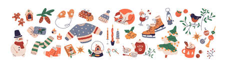 Cozy winter holiday set of Christmas design elements. Cute hygge retro wearing, Xmas ornament, gifts, candles and gingerbread bundle. Colored flat vector illustrations isolated on white backgroundのイラスト素材