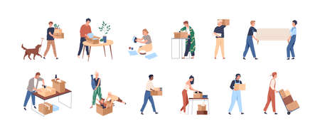 People with boxes during relocation set. Men, women, kids pack stuff into cardboards, relocate, leave homes and offices, move to new ones. Flat graphic vector illustration isolated on white backgroundのイラスト素材