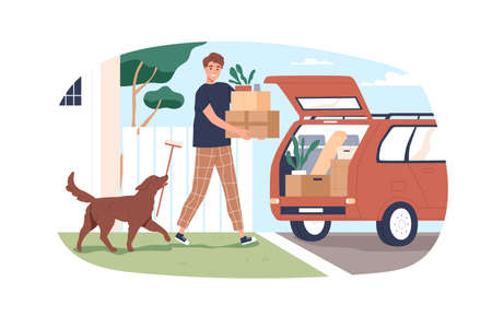Person moving, carrying cardboard boxes and loading them into open hood of car. Man and dog leaving home. Relocation concept. Guy relocating. Flat vector illustration isolated on white backgroundのイラスト素材