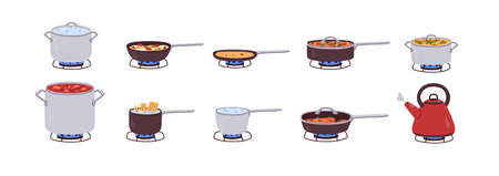 Cook pan, pot, saucepan with boiling, stewing and frying food on gas stove fire. Cooking dishes in stewpot, stockpot, casserole, kettle set. Flat vector illustrations isolated on white backgroundのイラスト素材