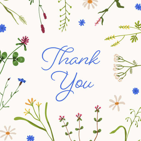 Floral background with wild herbs. Thank you card template with delicate spring field flowers frame. Botanical postcard design with gentle meadow herbal plants, wildflowers. Flat vector illustrationのイラスト素材