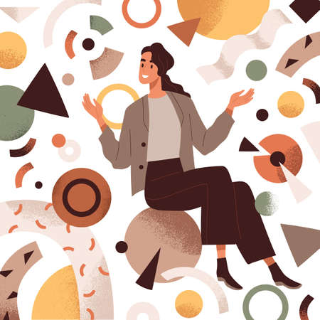 Business person work with abstract data, charts, geometric figures. Information analysis concept. Businesswoman analyst arranging, managing and analyzing diagrams. Colorful flat vector illustrationのイラスト素材