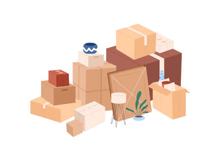 Cardboard boxes pile with personal stuff. Many packed cartons stack with home supplies, ready for moving and relocation. Plenty of packages. Flat vector illustration isolated on white backgroundのイラスト素材