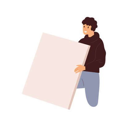 Assistant holding light reflector board during movie and photo production. Man with reflecting panel in hands. Film-making backstage. Flat vector illustration isolated on white backgroundのイラスト素材