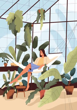 Person relaxing in home greenhouse among potted plants. Happy woman on hammock in green house at leisure. Female resting in glass winter garden with houseplants, urban jungle. Flat vector illustrationのイラスト素材