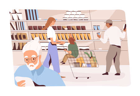 People shopping in grocery store. Customers with carts and trolleys choose and buy food in supermarket. Buyers walk in hypermarket aisle, make purchases in produce department. Flat vector illustrationのイラスト素材