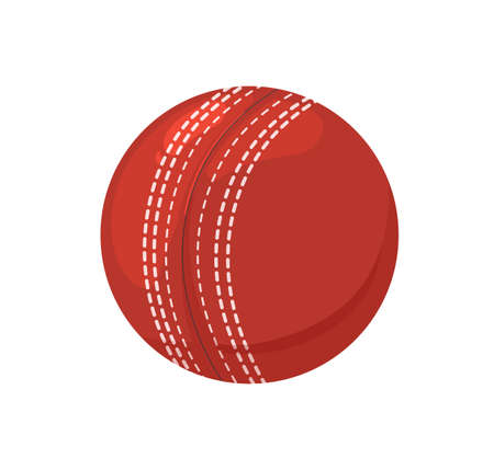 Cricket leather ball with stitches. Red criket object with seams. Cricet item for playing sports game. Realistic flat vector illustration isolated on white backgroundのイラスト素材