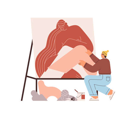 Artist making collage picture, composing it with papers and scissors. Person creating artwork on canvas. Modern creator during craft process. Flat vector illustration isolated on white backgroundのイラスト素材