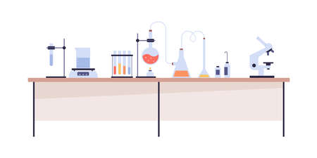 Lab chemical research with beaker, glass tube, microscope. Glassware, laboratory equipment on table for science experiment. Chemistry class desk. Flat vector illustration isolated on white backgroundのイラスト素材