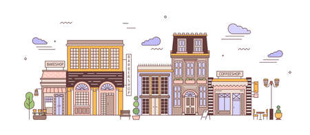Cityscape with district of exquisite elegant residential buildings of European architecture. Urban landscape with living houses, bakeshop, coffeeshop. Colorful vector illustration in line art styleのイラスト素材