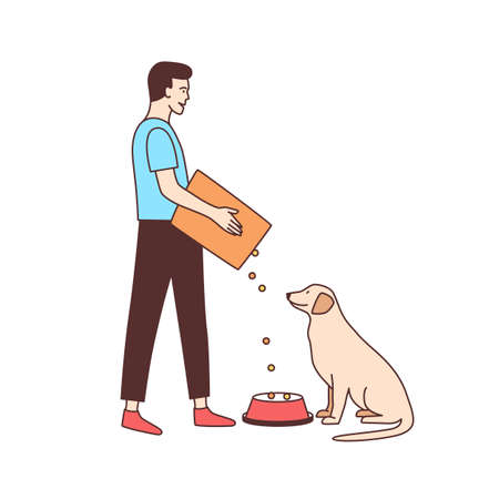 Cute male volunteer feeding stray dog in animal shelter or pound. Young man giving food to homeless or abandoned doggy isolated on white background. Colorful vector illustration in line art styleのイラスト素材