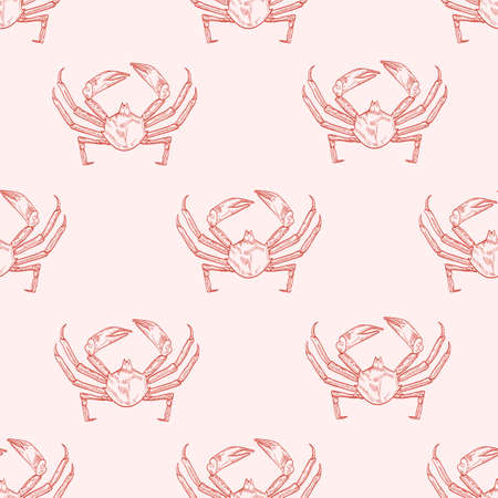 Sea crab vector seamless pattern. Underwater animal, hand drawn marine crayfish on pastel background. Restaurant seafood. Crustacean, sea creature with pincers wrapping paper, wallpaper textile designのイラスト素材
